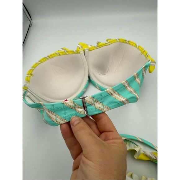 Victoria's Secret Womens Blue Metallic Striped Bandeau Padded Top Bikini Set Siz - Picture 7 of 9